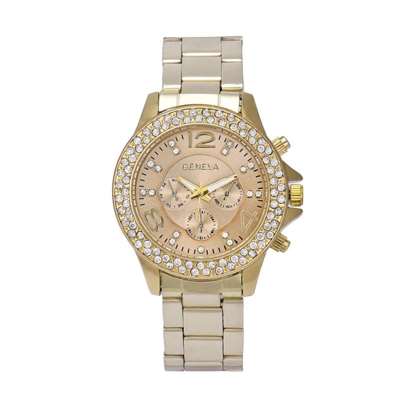 2017 Geneva Women Rhinestone Crystal Quartz Wrist Watch Gold Sliver