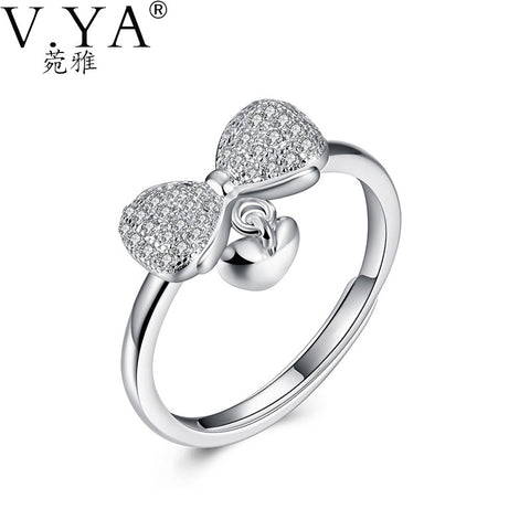 100% 925 Sterling Silver Ring BowKnot Heart Charm Rings For Women Female