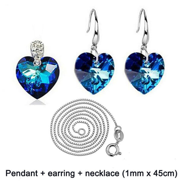 Brand New Romantic Heart of Ocean Blue Crystal pendant & drop earrings Pure