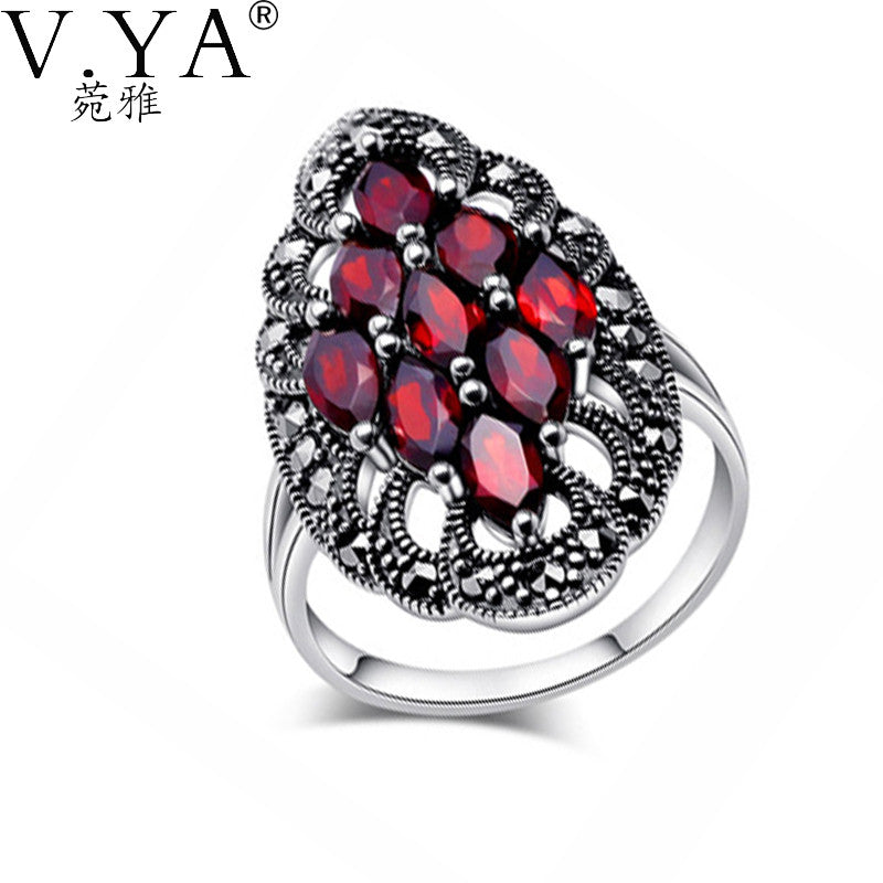 100% Real Pure 925 Sterling Silver Ring Classic Garnet Rings for Women