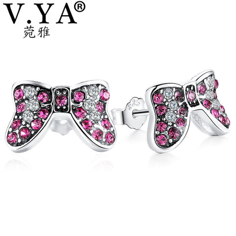 V.YA 100% 925 Sterling Silver Sparkling Bow knot Stud Earrings With Pink Crystal