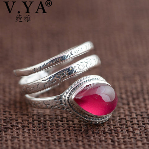 V.YA 100% 925 Sterling Solid Silver Floral Rings Synthetic Red Corundum Stone Finger Ring For Women Adjustable Size High Quality