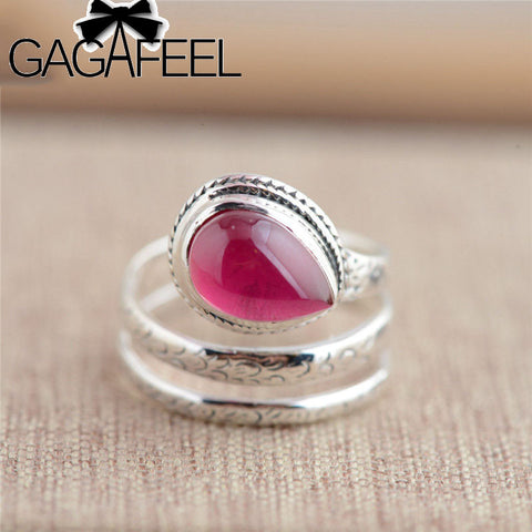 GAGAFEEL 925 Sterling Silver Rings Natural Oval Red Corundum Wedding Rings
