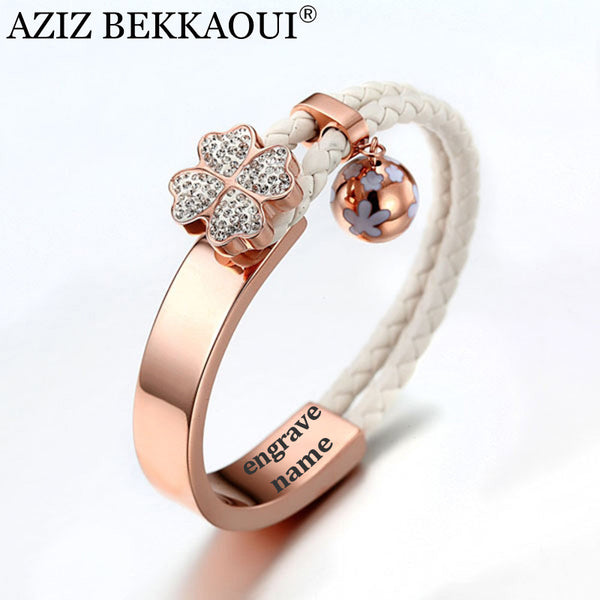 BEKKAOUI Rose Gold Bangles For Women 3D Crystal Flower Charms Bracelet Engraved