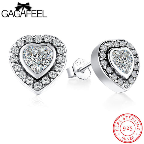 GAGAFEEL Stud Earrings 925 Sterling Silver Heart Pending With Clear CZ Zircon
