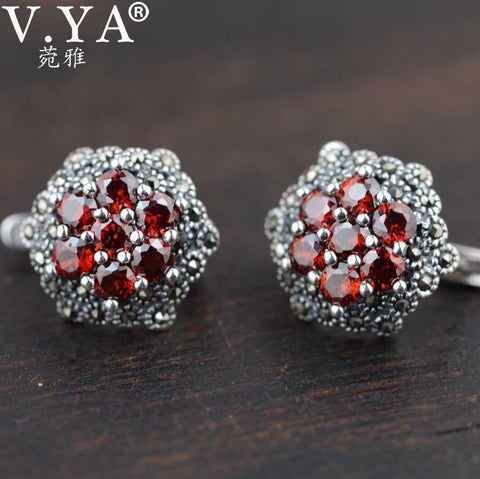 V.YA Vintage Style Red Garnet Stud Earrings Real 925 Sterling Silver Flower Earring
