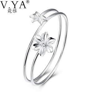 V.YA Real Pure 925 Silver Flower Bangle Bracelets Unique Design Floral Flower