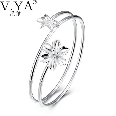 V.YA Real Pure 925 Silver Flower Bangle Bracelets Unique Design Floral Flower