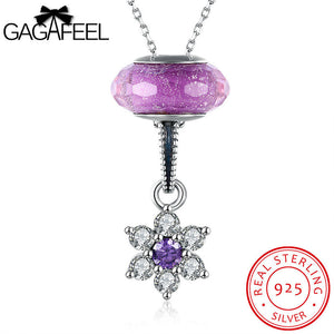 GAGAFEEL Long Necklace 925 Sterling Silver Jewelry Purple Color Flower Pendant