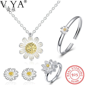 V.Ya Bridal Wedding Jewelry Sets 925 Sterling Silver Dasiy Flower Earrings Rings Necklaces Bangles Jewelry set for Women Gifts