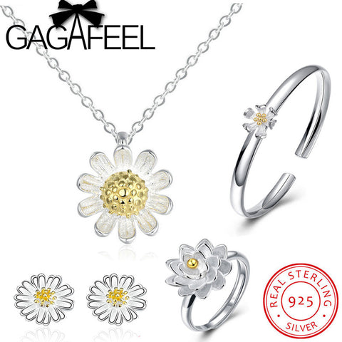 GAGAFEEL 100% 925 Sterling Silver Jewelry Set Daisy Flower White Enamel Sterling