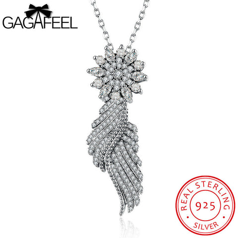 GAGAFEEL Angel Wing Necklace 925 Sterling Silver Fine Jewelry Clear CZ