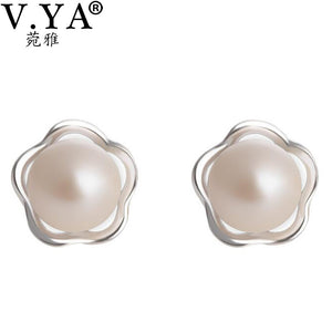 V.YA Natural Freshwater Pearl Stud earrings For Women 100% 925 Sterling Silver