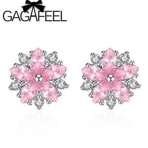 GAGAFEEL Pink Crystal Daisy Cherry Blossom Stud Earrings Real Pure
