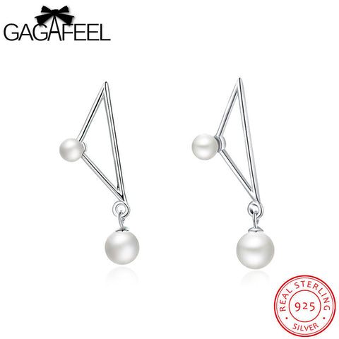GAGAFEEL Triangle 925 Sterling Silver Earring Imitation Pearls Elegant Geometric