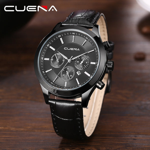 CUENA Men Casual Checkers Faux Leather Quartz Analog Wrist Watch With Calendar