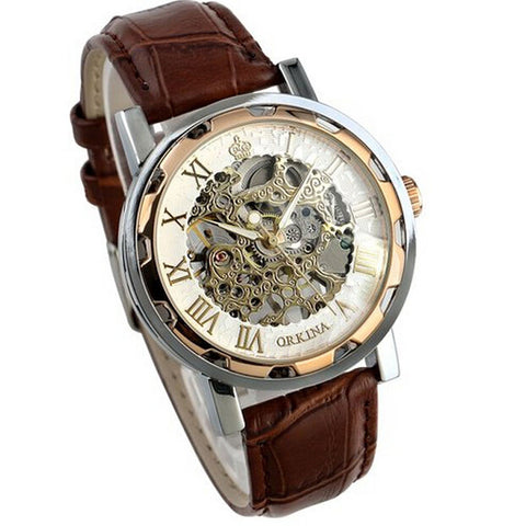 Luxury Mans Leather Band Stainless Skeleton Mechanical Wrist Watch