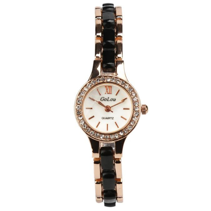 Women Metal Ceramic Bracelet Rhinestone Dial Quartz Analog Wrist Watch