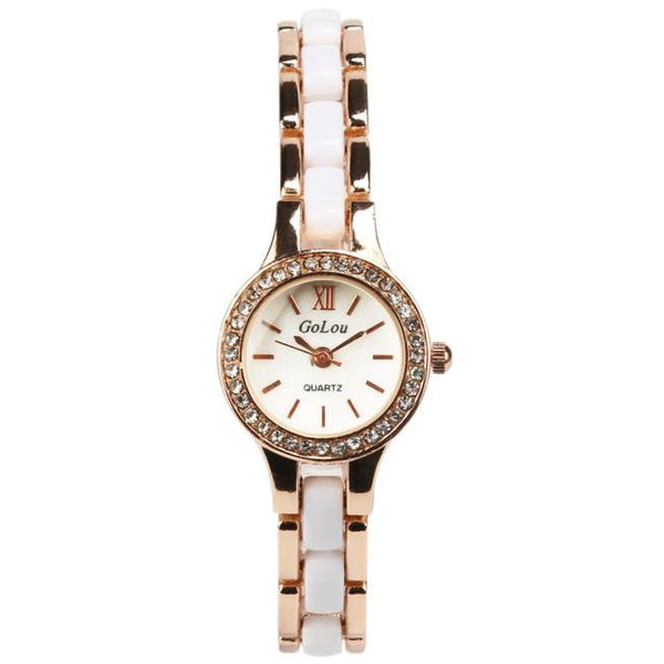 Women Metal Ceramic Bracelet Rhinestone Dial Quartz Analog Wrist Watch