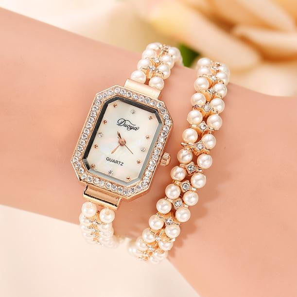 Quartz Watch Women Gold Pearl Jewelry Steel Bracelet Wristwatch Crystal Casual