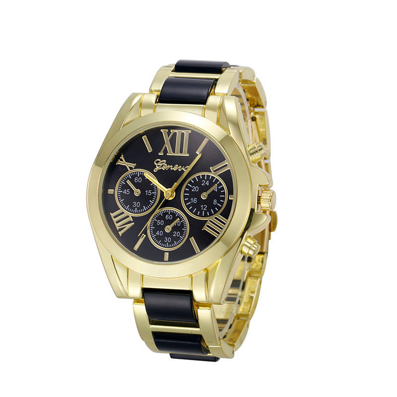 Women Geneva Roman Numeral Gold Plated Metal/Nylon Link Watch