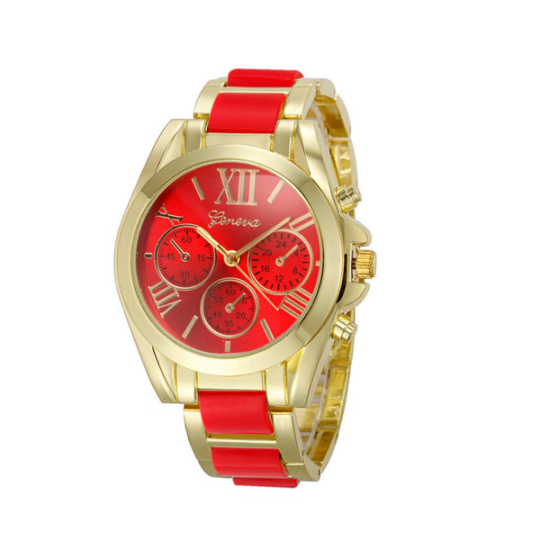 Women Geneva Roman Numeral Gold Plated Metal/Nylon Link Watch