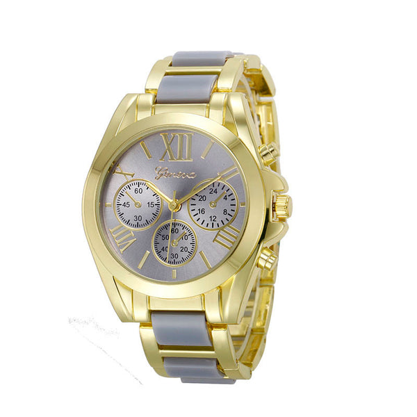 Women Geneva Roman Numeral Gold Plated Metal/Nylon Link Watch