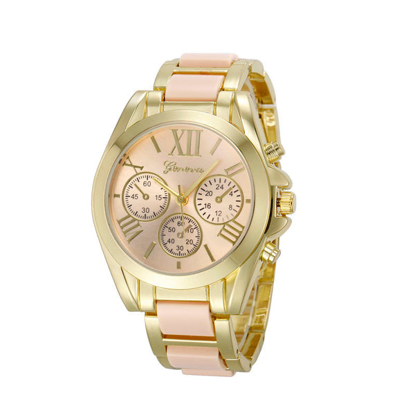 Women Geneva Roman Numeral Gold Plated Metal/Nylon Link Watch