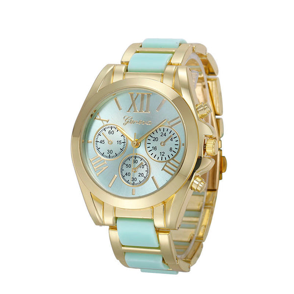 Women Geneva Roman Numeral Gold Plated Metal/Nylon Link Watch