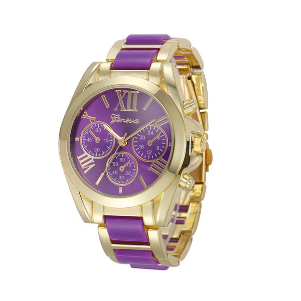 Women Geneva Roman Numeral Gold Plated Metal/Nylon Link Watch