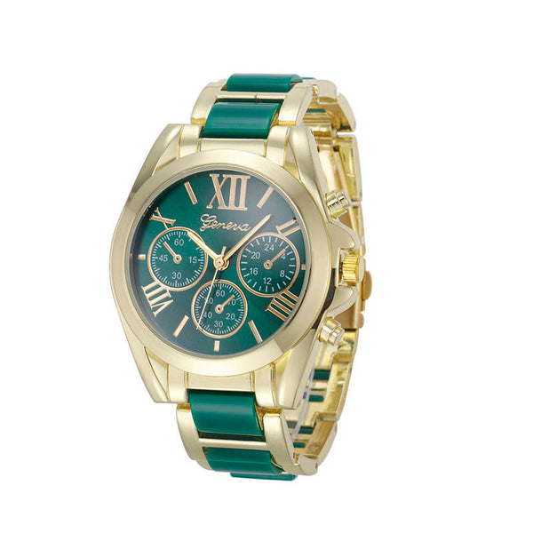 Women Geneva Roman Numeral Gold Plated Metal/Nylon Link Watch