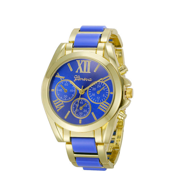 Women Geneva Roman Numeral Gold Plated Metal/Nylon Link Watch