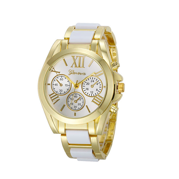 Women Geneva Roman Numeral Gold Plated Metal/Nylon Link Watch