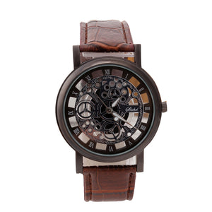 Luxury Stainless Steel Leather Wrist Watch Hollow Design Watch  Quartz Wrist Watch