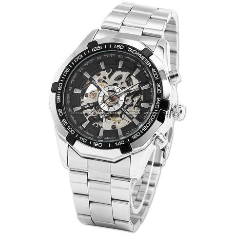 WINNER 099 Vintage Round Skeleton Dial Stainless Steel Band Men's Automatic